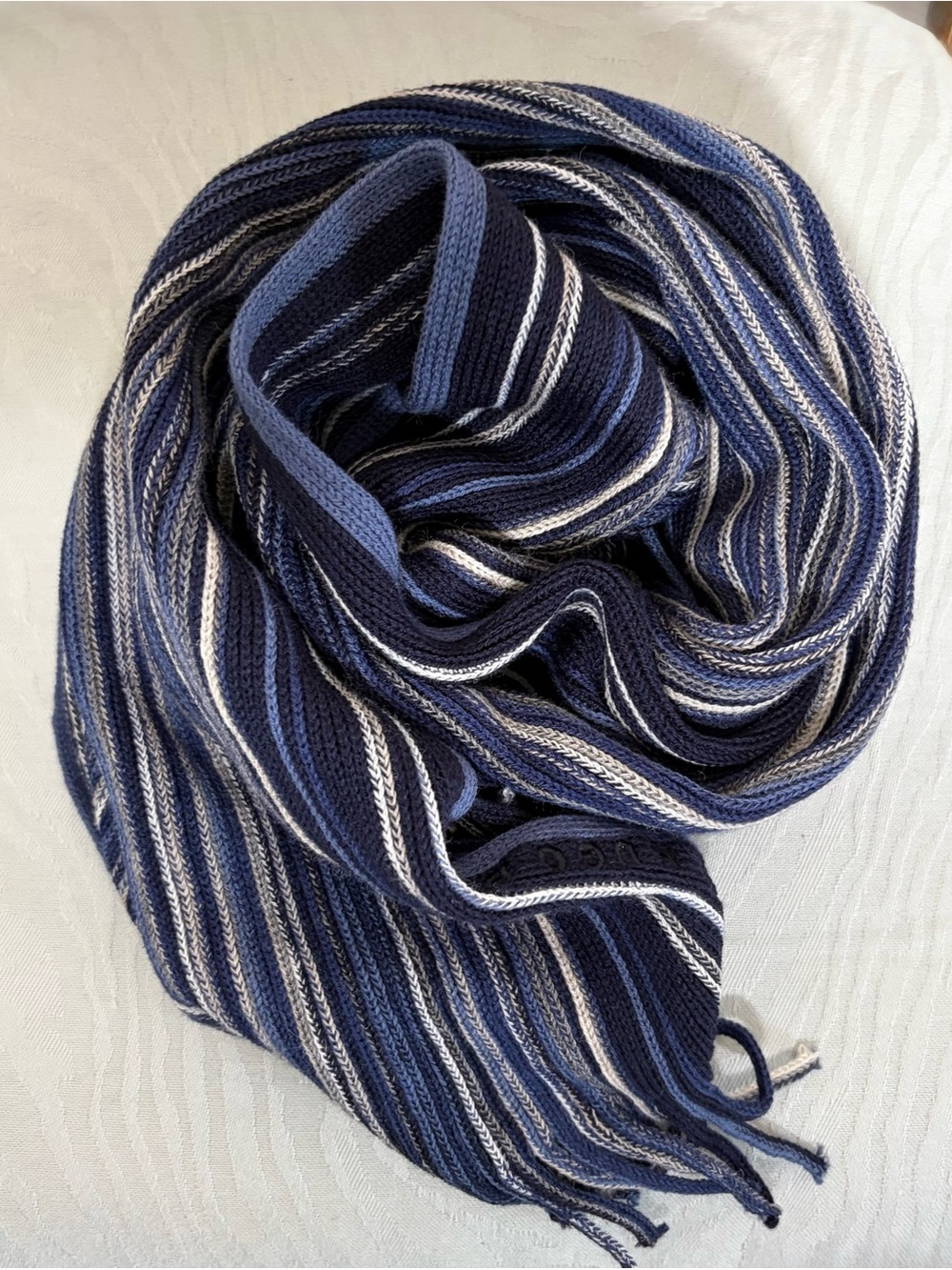 Hugo Boss Navy and Gray Striped Knit Scarf